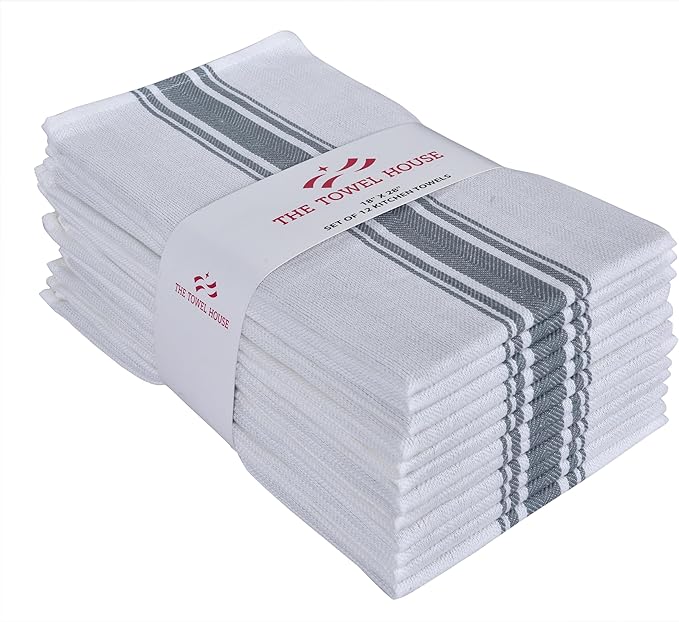 Premium Cotton Kitchen Towels - Extra Large 18x28 Inches - Super Absorbent, Quick-Dry Dish Towels with Hanging Loop - Grey (Pack of 12)