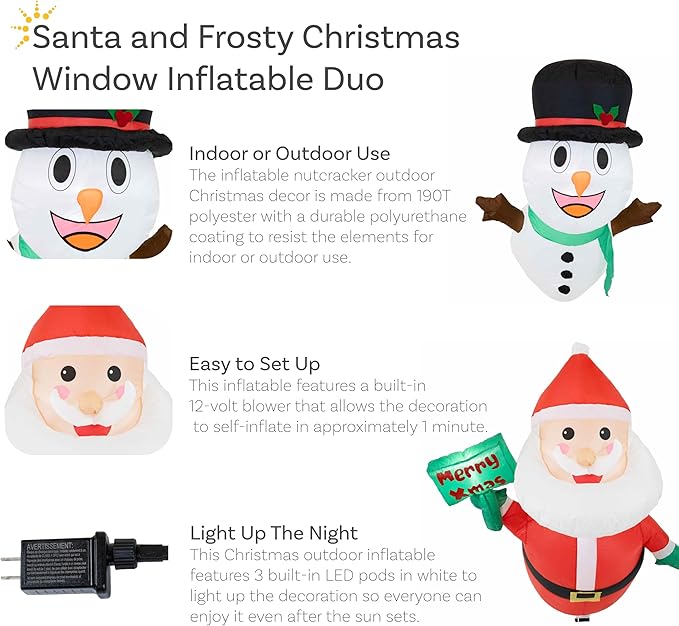 Sunnydaze Santa and Frosty Inflatable Christmas Decoration for Window - Indoor or Outdoor Use - 2 White LED Lights Each