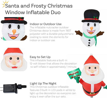 Sunnydaze Santa and Frosty Inflatable Christmas Decoration for Window - Indoor or Outdoor Use - 2 White LED Lights Each