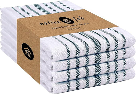 Native Fab Stripe Kitchen Towels 4 Pack Scandia Herringbone Weave 16"x26" - Cotton Kitchen Cloth, Super Absorbent Dish Towels, Multi Purpose Quick Dry Kitchen Washcloths - Teal Green White