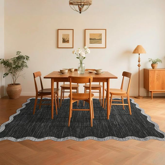 GarveeHome Scalloped Washable Area Rug 6x9 Rug for Living Room Modern Rug Non Slip Throw Rugs Large Rugs for Bedroom Low Pile Non Shedding Stain Resistant Carpet for Dining Room 6 ft x9 ft Black