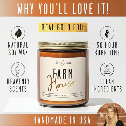 Fall Candles - 'Farmhouse' Autumn Scented Soy Candles for Home, w/Cinnamon, Clove & Pine I Infused with Essential Oils I Farmhouse Décor, 9oz Reusable Jar, 50Hr Burn, Made in USA