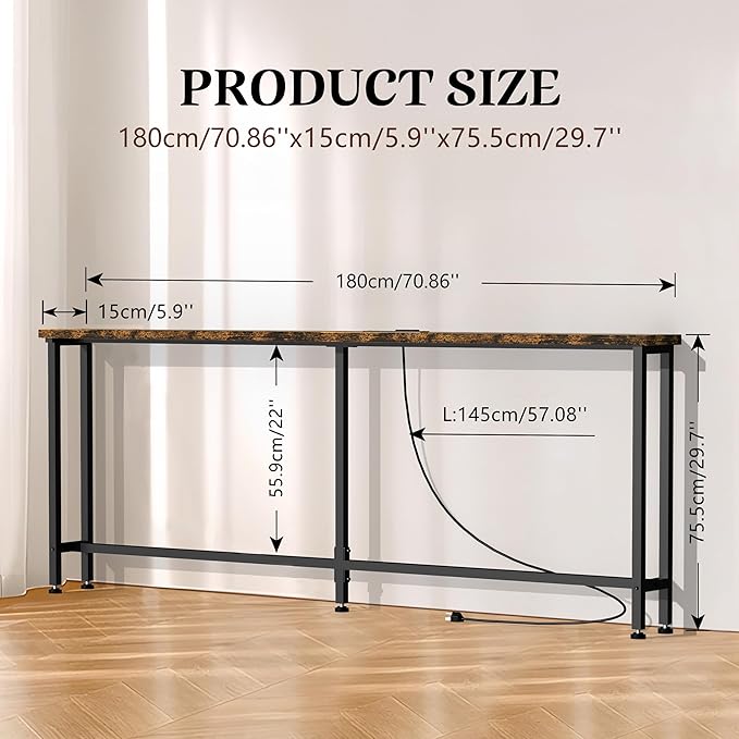 GRLEAF 70" Sofa Table with Built-in Power Strip (2 AC Outlets & 2 USB Ports) – 4.9ft Power Cord, Metal Frame, Easy Assembly, Long Couch Table Behind Sofa, Living Room and Home Office | Rustic Brown