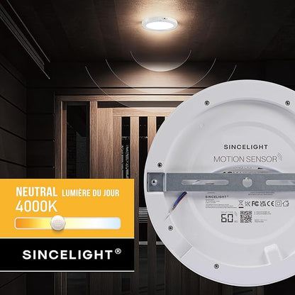 SINCELIGHT PIR Motion Sensor 18W LED Ceiling Light (Φ9''/220mm), Automatically ON/Off, Movement Activated, Dual Mode Turnable, Neutral White 4000K, Surface/Flush Mount for Hallway,Porch, Pack of 1
