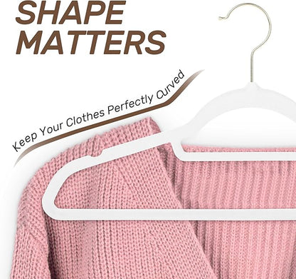 Velvet Hangers 30 Pack with Gold Hooks, Non-Slip Slim Felt Hanger for Clothes, Heavy Duty Space Saving Flocked Hangers for Dresses, Suits, Coats & Pants(White)