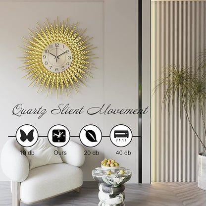 Modern Large Wall Clock Decorative Metal Mid Century Wall Clocks, Gold Big Silent Non-Ticking Clock, Modern Handmade Home Art Decor for Living Room, Bedroom, Dining Room, 24 Inch