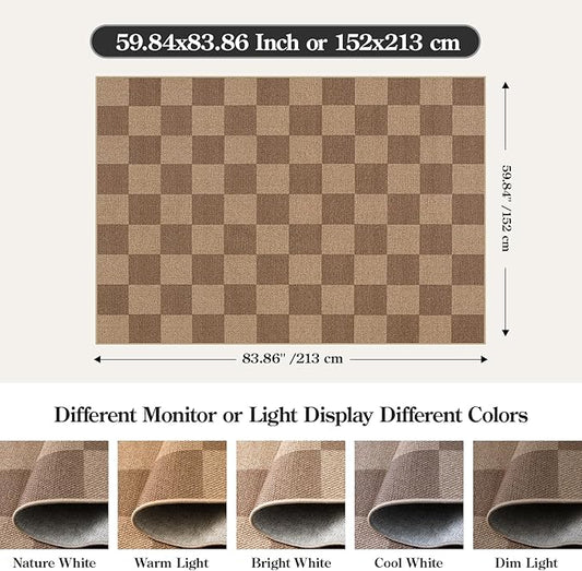 Lahome Checkered Easy Jute Living Room Rugs, 5x7 Large Dining Room Office Carpet Farmhouse Washable Area Rug, Checkerboard Neutral Non Slip Indoor Outdoor Carpet for Bedroom Entry Patio