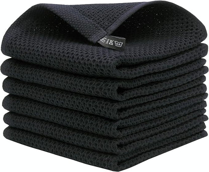 Mia'sDream Cotton Kitchen Towels and Dish Cloths Sets, Waffle Weave Dish Towels for Kitchen Drying Dishes, Soft and Absorbent Kitchen Hand Towels Washcloths,12inchx12inch 6 Pack (Black)