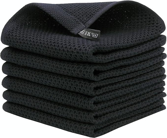 Mia'sDream Cotton Kitchen Towels and Dish Cloths Sets, Waffle Weave Dish Towels for Kitchen Drying Dishes, Soft and Absorbent Kitchen Hand Towels Washcloths,12inchx12inch 6 Pack (Black)