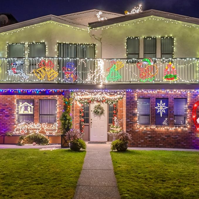 16" Christmas Window Silhouette Lights - 6 Pack Colour Lighted Bell & Candy Cane & Candle & Nativity & Bethlehem Star & Reindeer for Holiday Indoor and Outdoor Wall Door Window Decorate