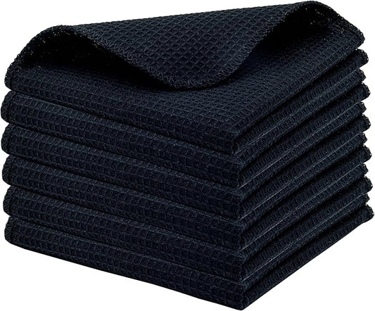 PurpleEssences Dish Cloths and Dish Rags - 6 Pack Waffle Weave Solid Kitchen Dish Wash Cloths, 100% Cotton, 12 x 12 Inches, Ultra Soft Absorbent Quick Drying - Fall Thanksgiving Halloween - Black
