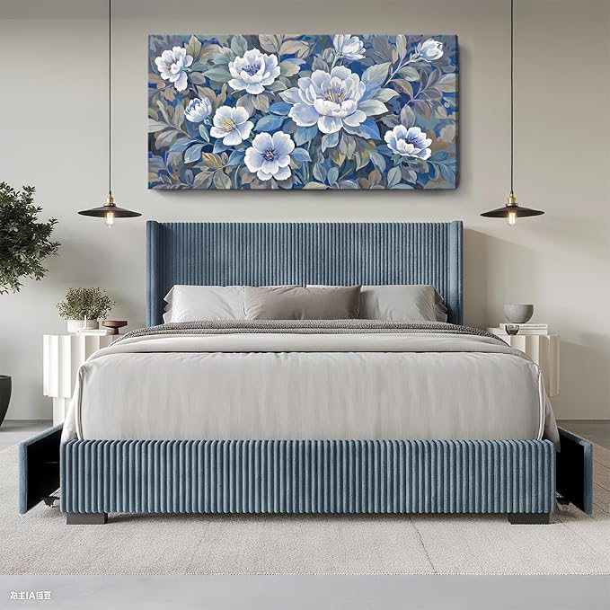 ARTZON Oversized Wall Art Flower Pictures Wall Decor – Blue and White Peony Blossom Extra Large Canvas Prints Vibrant Botanical Nature Artwork for Living Room Women Bedroom Dining Room 58x29 Inch