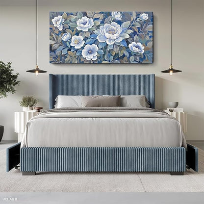 ARTZON Oversized Wall Art Flower Pictures Wall Decor – Blue and White Peony Blossom Extra Large Canvas Prints Vibrant Botanical Nature Artwork for Living Room Women Bedroom Dining Room 58x29 Inch