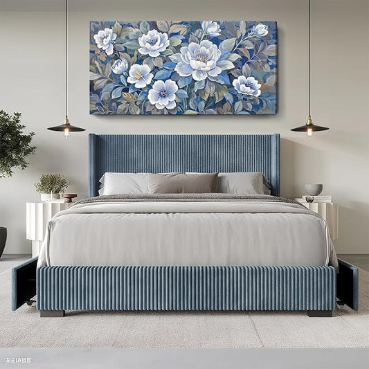ARTZON Oversized Wall Art Flower Pictures Wall Decor – Blue and White Peony Blossom Extra Large Canvas Prints Vibrant Botanical Nature Artwork for Living Room Women Bedroom Dining Room 58x29 Inch