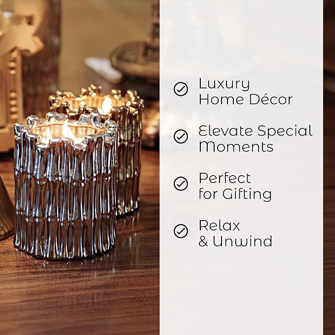 Luxury Bamboo Scented Candle – Large 34oz Jar with Soy Wax Blend & 2 Cotton Wicks – Long Burn Time 210–220 Hours – Fall Candles, Fall Scented Candles, Soy Candles for Home & Holiday Décor (Silver)