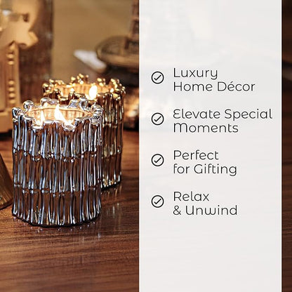 Luxury Bamboo Scented Candle – Large 34oz Jar with Soy Wax Blend & 2 Cotton Wicks – Long Burn Time 210–220 Hours – Fall Candles, Fall Scented Candles, Soy Candles for Home & Holiday Décor (Silver)