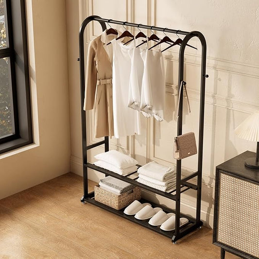 Sturdy heavy duty clothes rack,Black clothing rack with bottom shelves and 6 side hooks,Metal garment rack for hanging clothes,Wardrobe rack for Bedroom