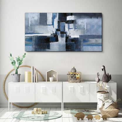 KLAKLA Large Abstracr Wall Art - Blue and Black Canvas Picture for Living Room Wall Decor - Bedroom Art Framed Artwork - Modern Wall Art - 24x48