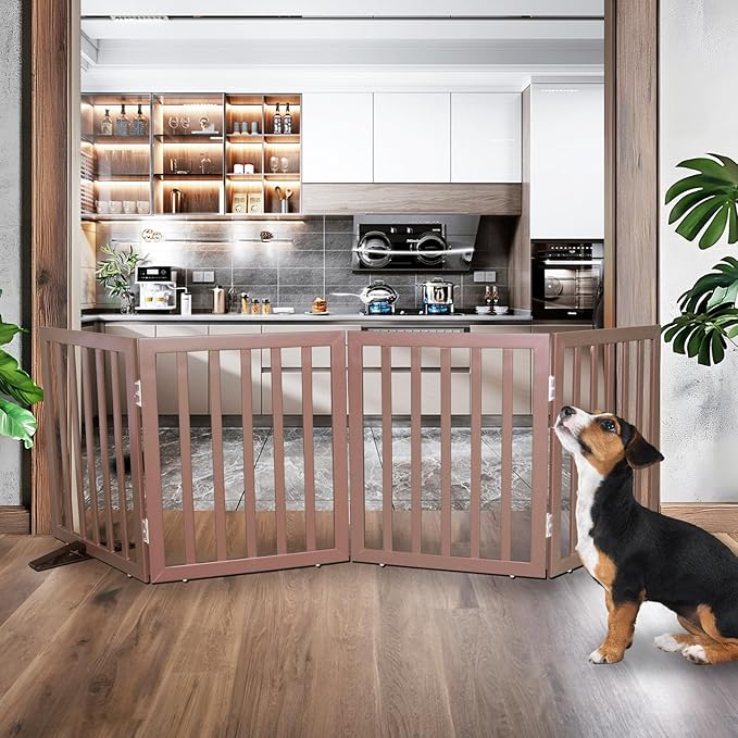 Dog Gate Indoor, Freestanding Dog Fence for The House, Doorways, Hallways,or Stairs,Pet Gate Foldable Wooden,Expandable 24" Height 4 Panels,Brown