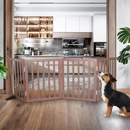 Dog Gate Indoor, Freestanding Dog Fence for The House, Doorways, Hallways,or Stairs,Pet Gate Foldable Wooden,Expandable 24" Height 4 Panels,Brown