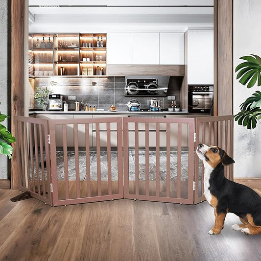 Dog Gate Indoor, Freestanding Dog Fence for The House, Doorways, Hallways,or Stairs,Pet Gate Foldable Wooden,Expandable 24" Height 4 Panels,Brown