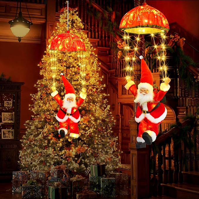 Christmas Lights Outdoor Indoor, Santa Claus Parachute LED Lights, 8 Modes & Timer Christmas Decorations Lights Outside Inside for Window, Garden, Home, Porch, Xmas Tree Decor (Warm White) ﻿