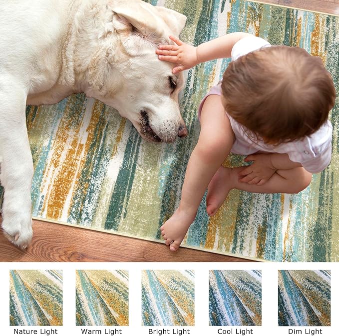 Modern Abstract Runner Rug 2x12, Green Mustard Multi Washable Long Kitchen Runner Non-Slip Soft Hallway Rug Runner Thin Print Faux Wool Carpet for Entryway Bedroom Laundry Room Indoor