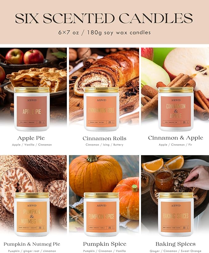 AOOVOO Scented Candles Set - 6 Pack Fall Candles for Home Scented, 42 oz Soy Wax, Apple Pie/Cinnamon Roll/Cinnamon Apple/Pumpkin Nutmeg Pie/Pumpkin Spice/Baking Spice