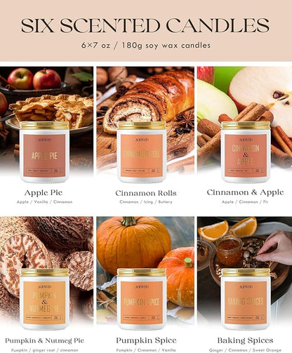 AOOVOO Scented Candles Set - 6 Pack Fall Candles for Home Scented, 42 oz Soy Wax, Apple Pie/Cinnamon Roll/Cinnamon Apple/Pumpkin Nutmeg Pie/Pumpkin Spice/Baking Spice