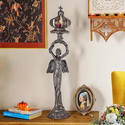 Sungmor Vintage Cast Iron Angel Candlestick Holder – 22.6” Antique Gothic Candle Stand for Home Decor, Taper & Pillar Candles, Rustic Black Decorative Centerpiece