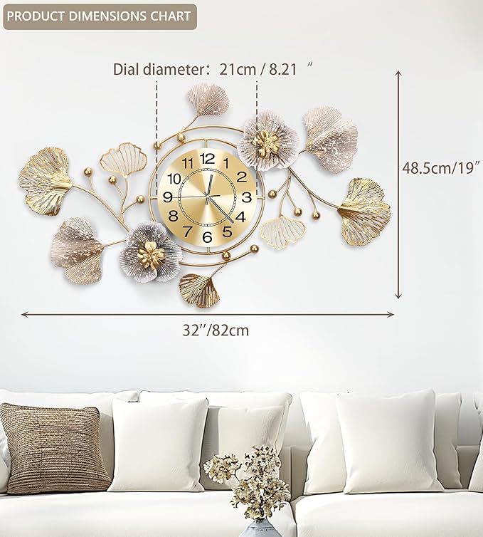 Clocks for Living Room, Large Wall Clock, 3D Silent Wall Clock, Retro Metal Ginkgo Leaf Design, for Bedroom Kitchen Decorative Wall Clocks（32''x18'' ）