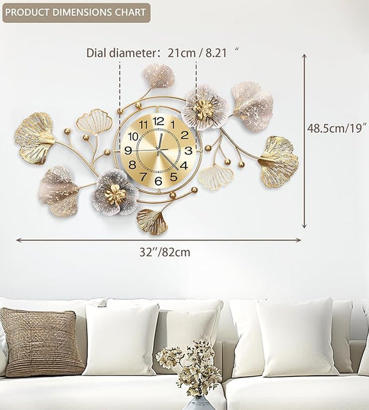 Clocks for Living Room, Large Wall Clock, 3D Silent Wall Clock, Retro Metal Ginkgo Leaf Design, for Bedroom Kitchen Decorative Wall Clocks（32''x18'' ）