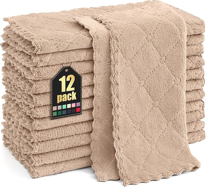 Homaxy 12 Pack Kitchen Dish Cloths (10 x 10 Inches, Tan), Super Soft and Absorbent Coral Velvet Dish Towels, Nonstick Oil Fast Drying Microfiber Cleaning Cloth, No Lint Household Dishcloths
