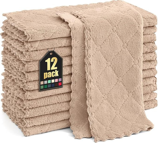 Homaxy 12 Pack Kitchen Dish Cloths (10 x 10 Inches, Tan), Super Soft and Absorbent Coral Velvet Dish Towels, Nonstick Oil Fast Drying Microfiber Cleaning Cloth, No Lint Household Dishcloths