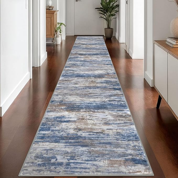 KOZYFLY Modern Abstract Washable Rug Runner 2.6x16 Hallway Rug Runner Non-Slip Soft Kitchen Runner Rugs, Blue Rust Striped Carpet for Entryway Bathroom Laundry Room Foyer