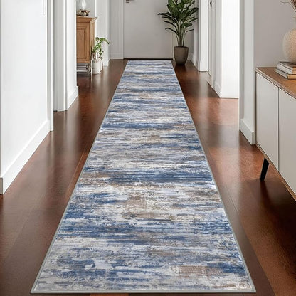 KOZYFLY Modern Abstract Washable Rug Runner 2.6x16 Hallway Rug Runner Non-Slip Soft Kitchen Runner Rugs, Blue Rust Striped Carpet for Entryway Bathroom Laundry Room Foyer