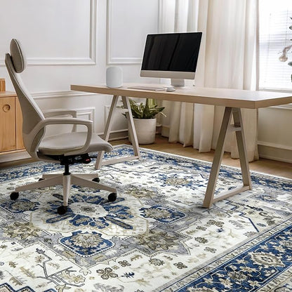 Machine Washable Area Rug 8x10 - Large for Living Room Vintage Oriental Soft Rugs, Low Pile Thin Floor Carpet with Non Slip Backing for Bedroom, Dorm, Under Dining Room Table, Indoor House, Office