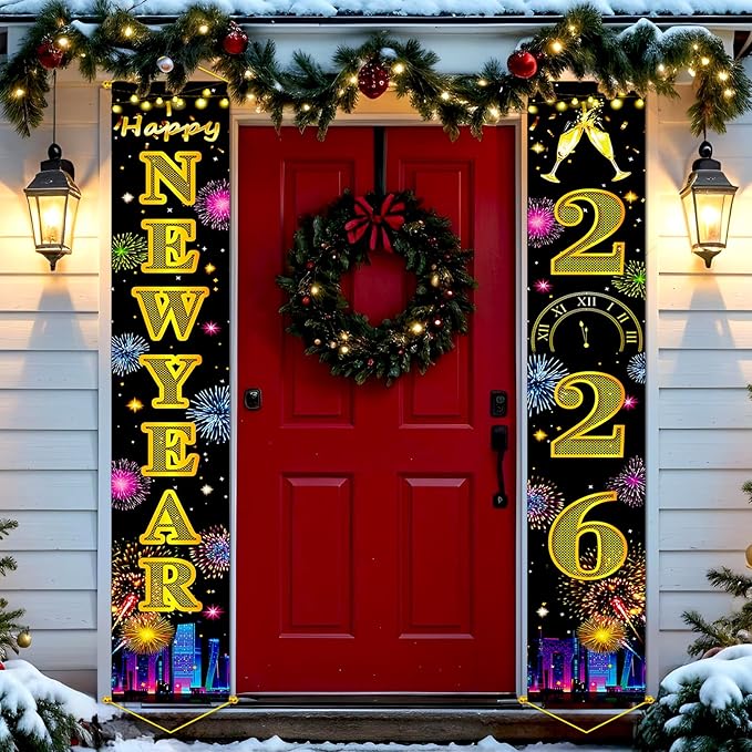 Upgraded, Ideal New Years Eve Party Supplies 2026, 300D Premium New Year Banner 2026, Large 71x12in (with 2pcs Golden hanging rod) Classic Design, HQ Fabric, HD Printing, Perfect for NYE Decorations