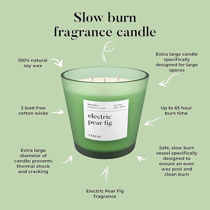 Hidden Label Large Scented Candle, Electric Pear Fig, 30oz 3 Wick Huge Candle, Serene Collection Slow Burn Natural Soy Candles for Home Scented