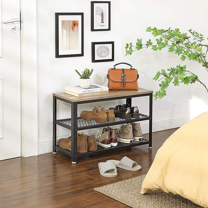 VASAGLE, 3-Tier Shoe Rack, Shelf Storage Bench with Metal Mesh Shelves and Seat, Free Standing Shoe Organizer for Entryway, 11.8 x 28.7 x 17.7 Inches, Greige and Black ULBS73MB