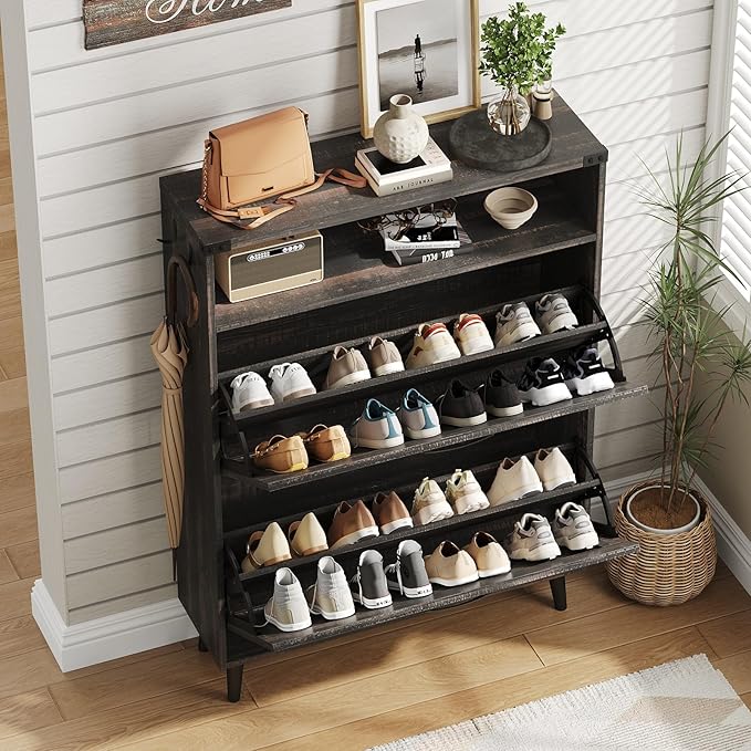 Vabches Shoe Storage Cabinet with 2 Flip Drawers,Freestanding Narrow Shoe Organizer with Open Storage,Hidden Slim Shoe Rack Cabinet for Entryway,Hallway,Dark Rustic Oak