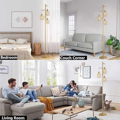9MMML Golden Dimmable Floor Lamp,Industrial Gold Farmhouse Tall Standing Lamp for Living Room, Bedroom Office,3 Teardrop Cage Lampshade,3 LED Bulbs Inculded, 68'' Tall