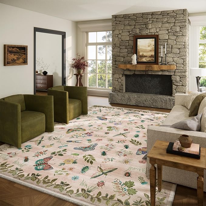 Machine Washable Rugs for Living Room: 9x12 Area Rugs Vintage Rugs Stain Resistant Non Slip Low Pile Soft Lightweight Carpet Rug for Bedroom Kitchen Dining Room Nursery Kids Room Farmhouse