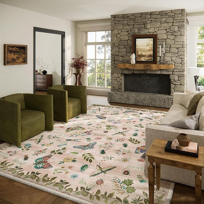 Machine Washable Rugs for Living Room: 9x12 Area Rugs Vintage Rugs Stain Resistant Non Slip Low Pile Soft Lightweight Carpet Rug for Bedroom Kitchen Dining Room Nursery Kids Room Farmhouse