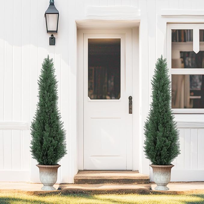 5FT Artificial Cedar Trees - Realistic Faux Evergreen Topiary Bushes Plants - Outdoor Potted Fake Cypress Shrubs for Front Porch Garden Home Decor - Set of 2