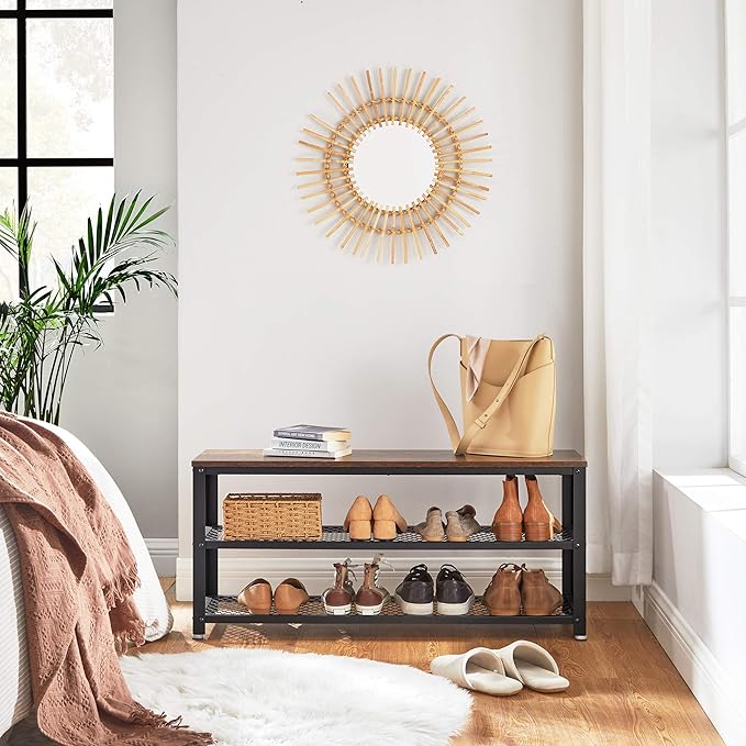 VASAGLE, 3-Tier Shoe Rack, Shelf Storage Bench with Metal Mesh Shelves and Seat, Free Standing Shoe Organizer for Entryway, 11.8 x 39.4 x 17.7 Inches, Rustic Brown and Black ULBS078B01