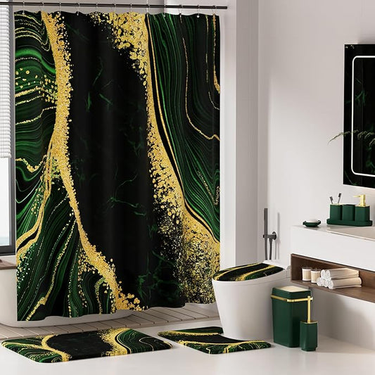 25PCS Bathroom Accessory Set, Dark Green Bathroom Set with Large-Capacity 4 Gallon Trash Can,Bathroom Rugs Set, Waterproof Shower Curtain, Toilet Brush, Toothbrush Holder & Soap Dispenser