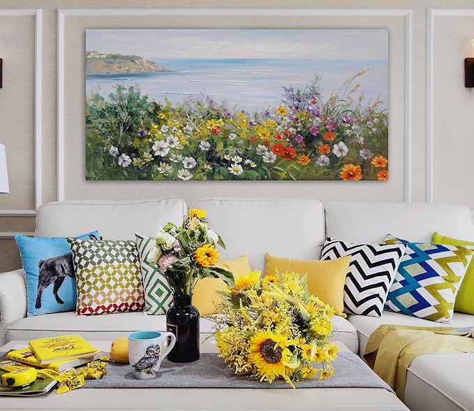 Acocifi Large Floral Canvas Wall Art Nature Coastal Flower Landscape Seascape Painting Colorful Wildflowers Picture, Textured Artwork for Living Room Bedroom Bathroom Kitchen Office Home Decor 48"x24"