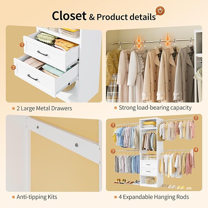78.7" H Metal Closet System with 2 Drawers, 4.6-7.8 FT Closet Organizer with 5 Hanging Rods, Walk In Closet Organizer System, Built-in Wardrobe Clothes Rack