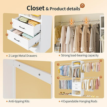 78.7" H Metal Closet System with 2 Drawers, 4.6-7.8 FT Closet Organizer with 5 Hanging Rods, Walk In Closet Organizer System, Built-in Wardrobe Clothes Rack